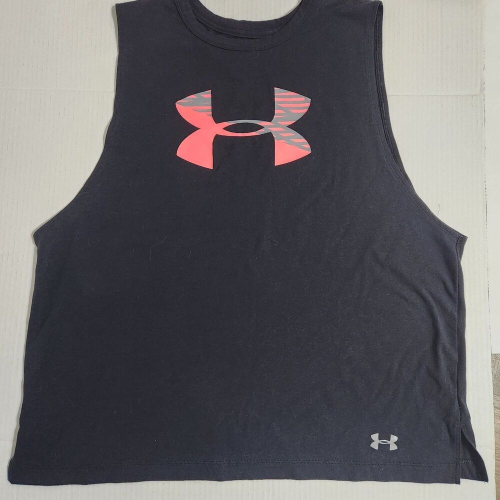 Under Armour HeatGear Tank Top Crop Shirt Womens XL Black Pink Logo Muscle Baggy